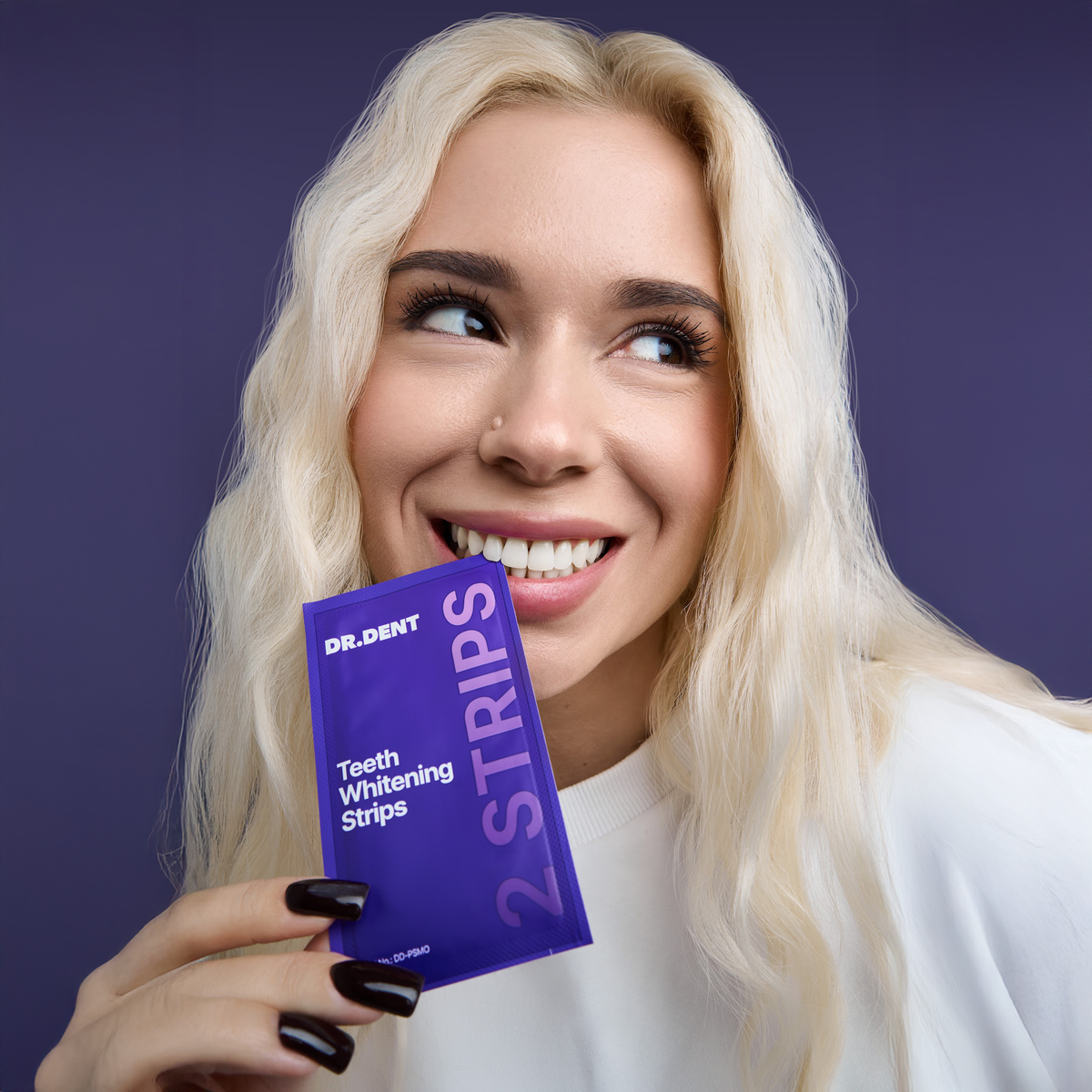 DR.DENT Purple Whitening Strips in use