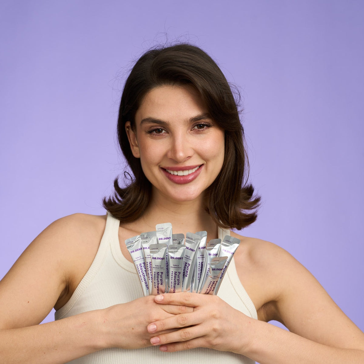 DR.DENT Purple Whitening Strips in use