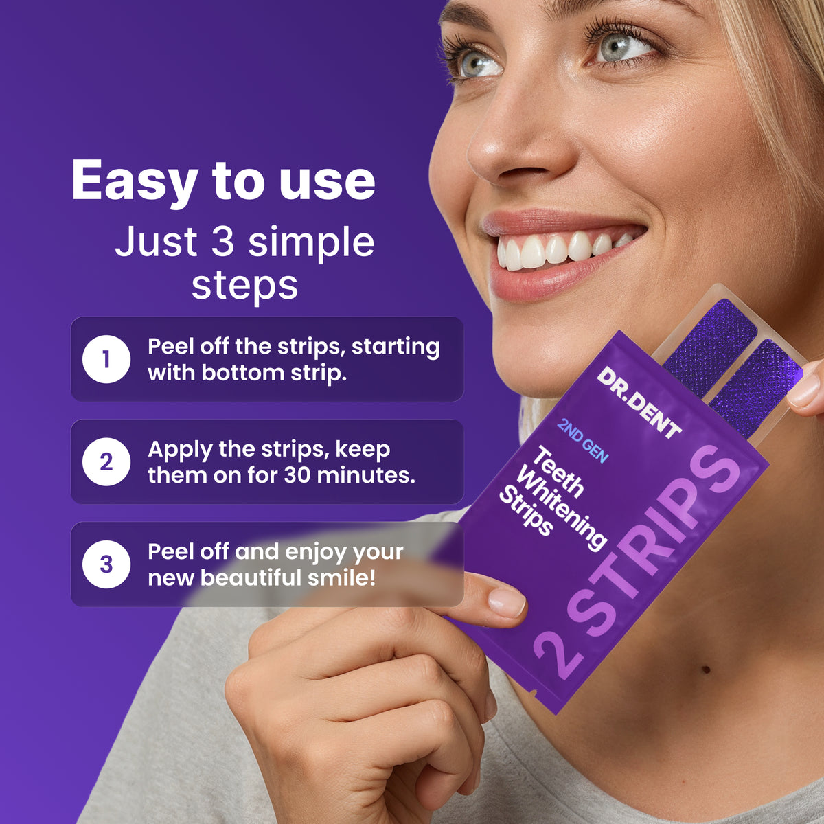 DR.DENT Purple Whitening Strips in use