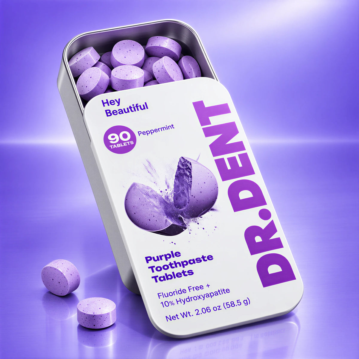 DR.DENT Purple Toothpaste Tablets in a metal tin