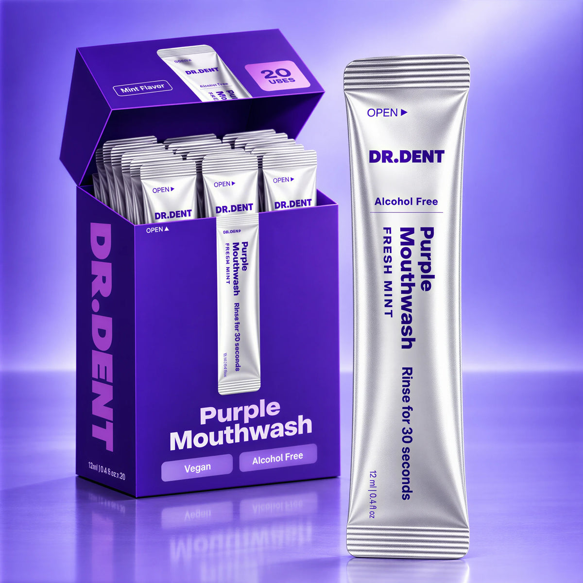 DR.DENT Purple Mouthwash sachet being torn open at the sink