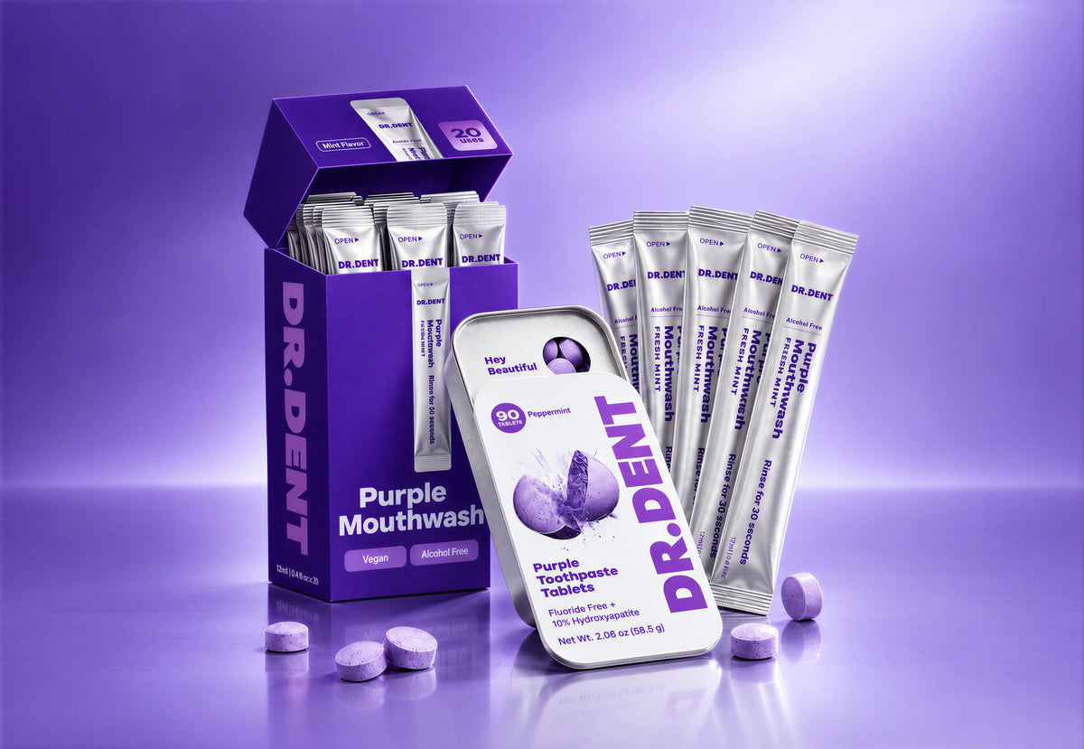 DR.DENT Brush & Rinse Duo: Purple Toothpaste Tablets and Purple Mouthwash