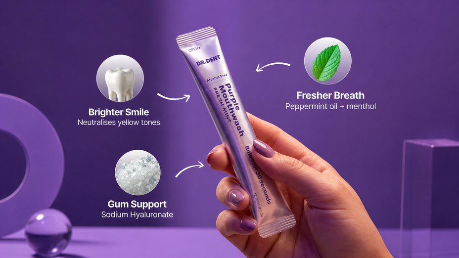 DR.DENT customer using a Purple Mouthwash sachet