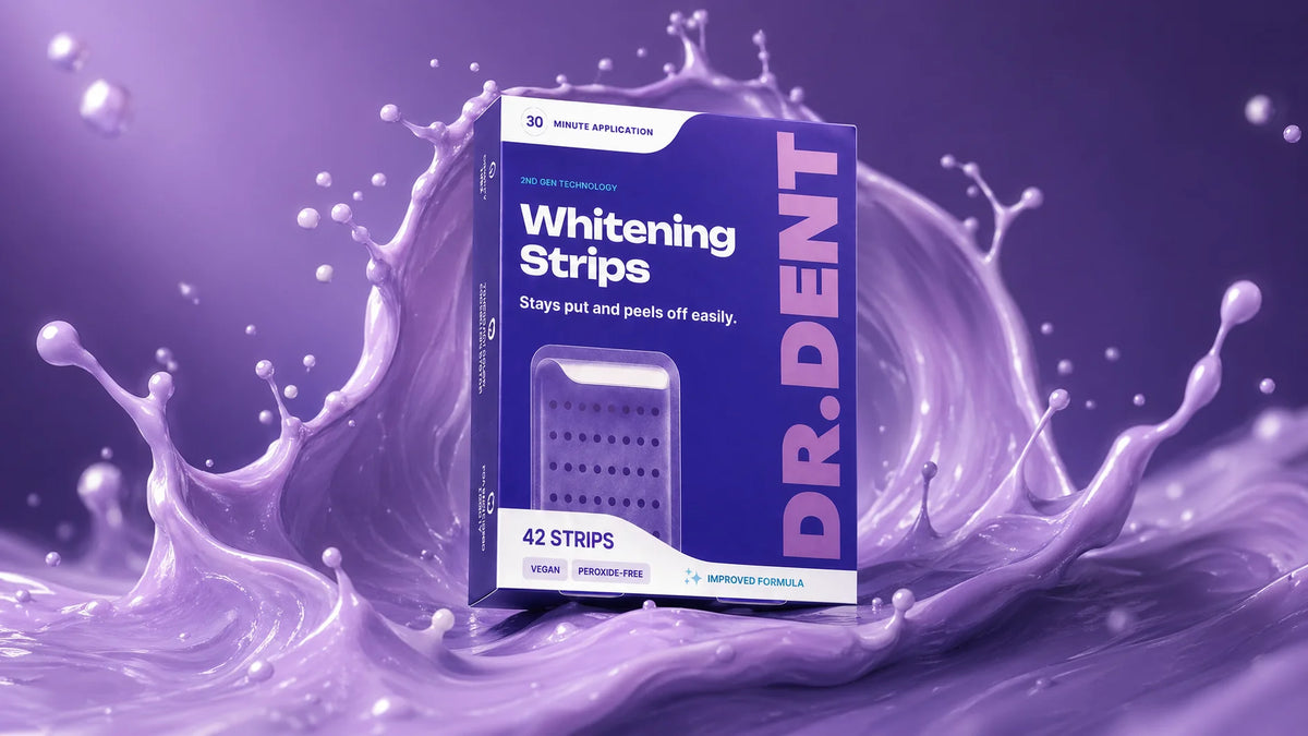 DR.DENT Purple Whitening Strips in use