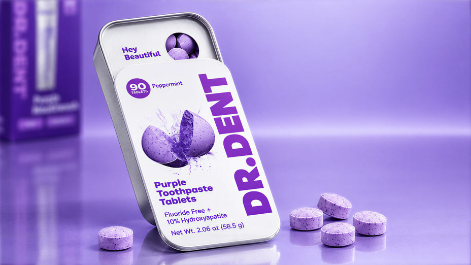 DR.DENT Purple Toothpaste Tablets in a metal tin