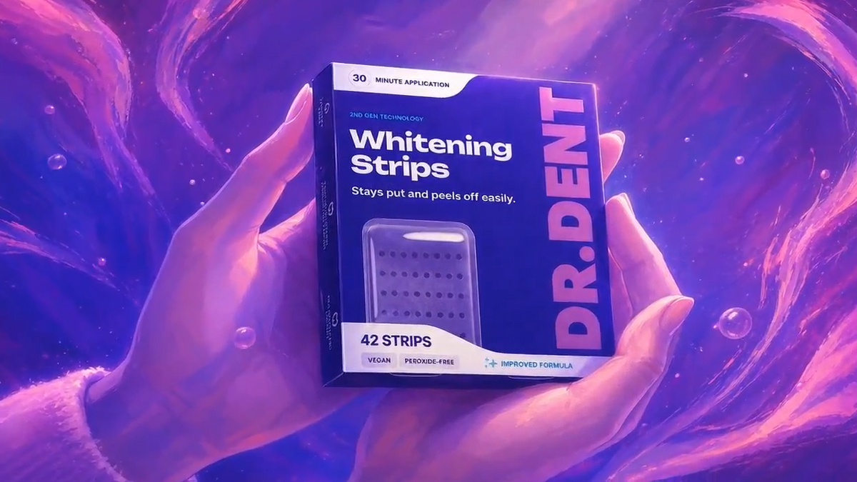 DR.DENT Purple Whitening Strips in use