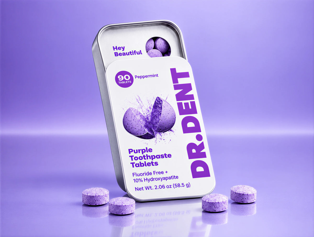 DR.DENT Purple Toothpaste Tablets in a metal tin