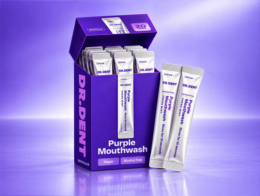 DR.DENT Purple Mouthwash sachet being torn open at the sink