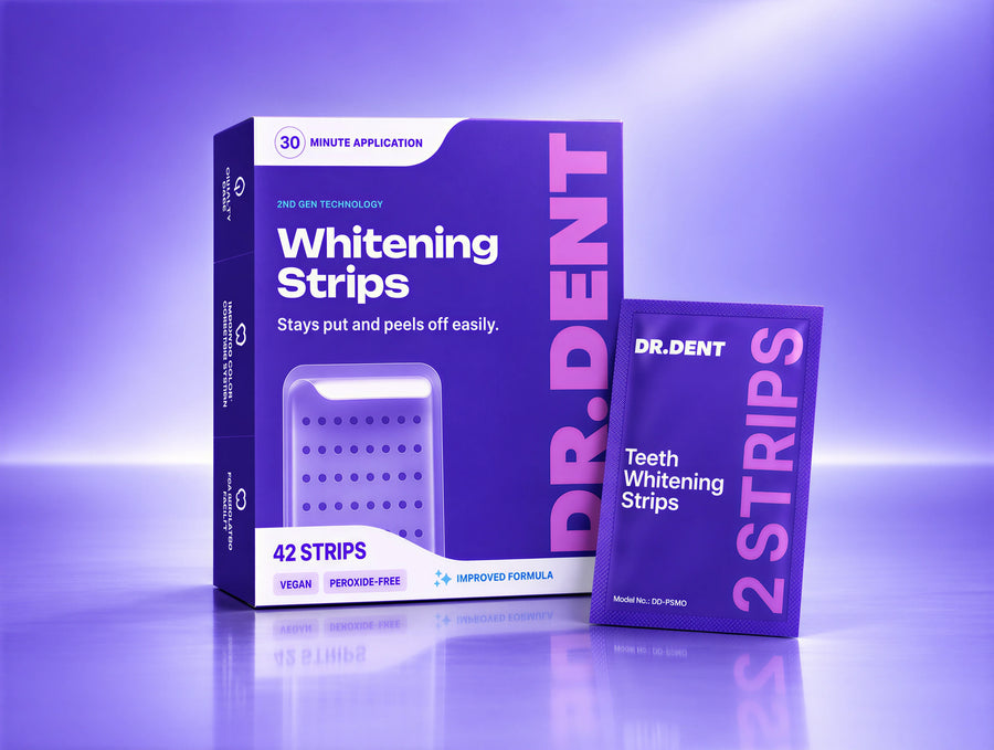 DR.DENT Purple Whitening Strip being applied
